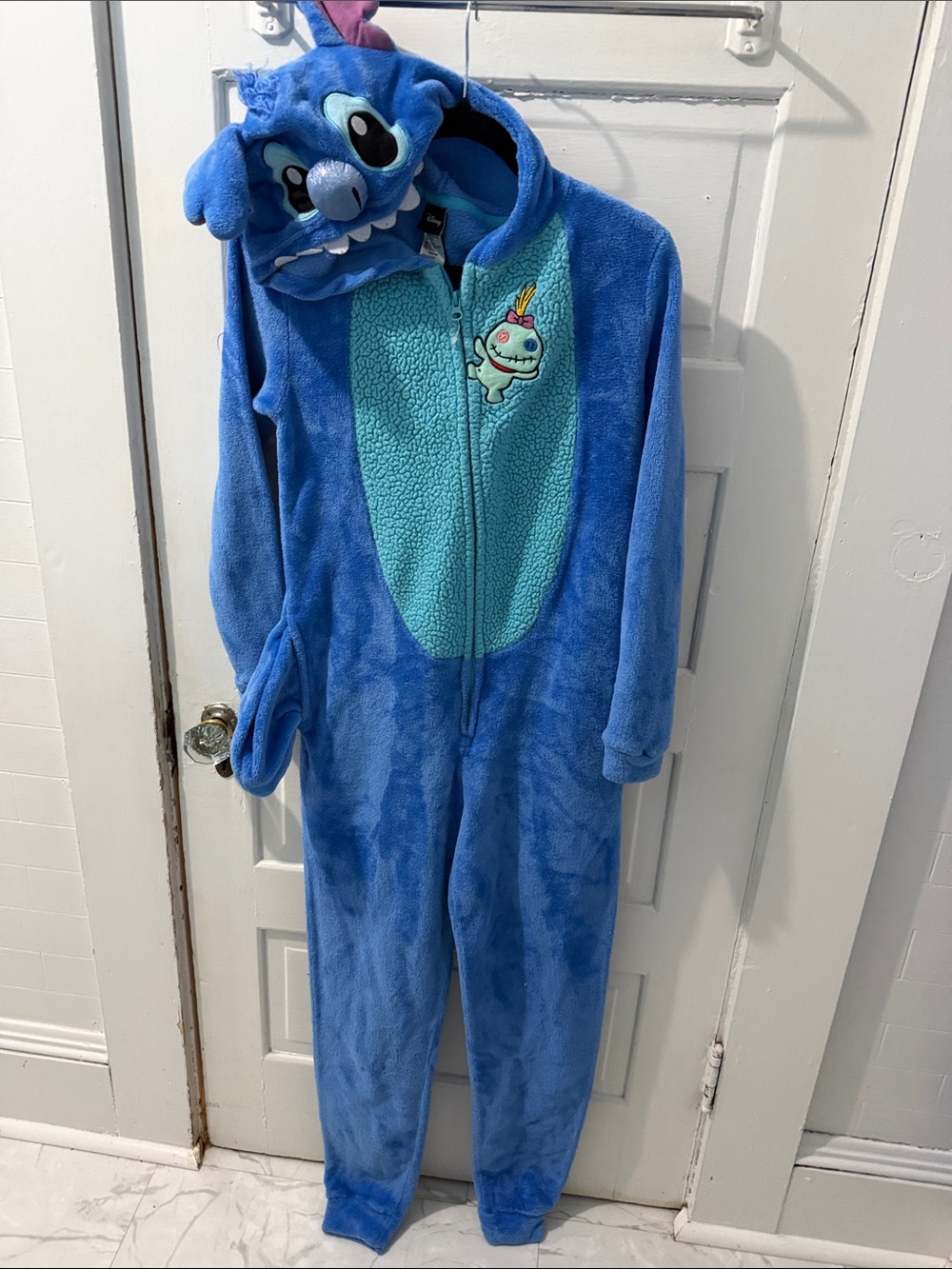 Disney Blue Stitch Plush Hooded Kids One-Piece Footie